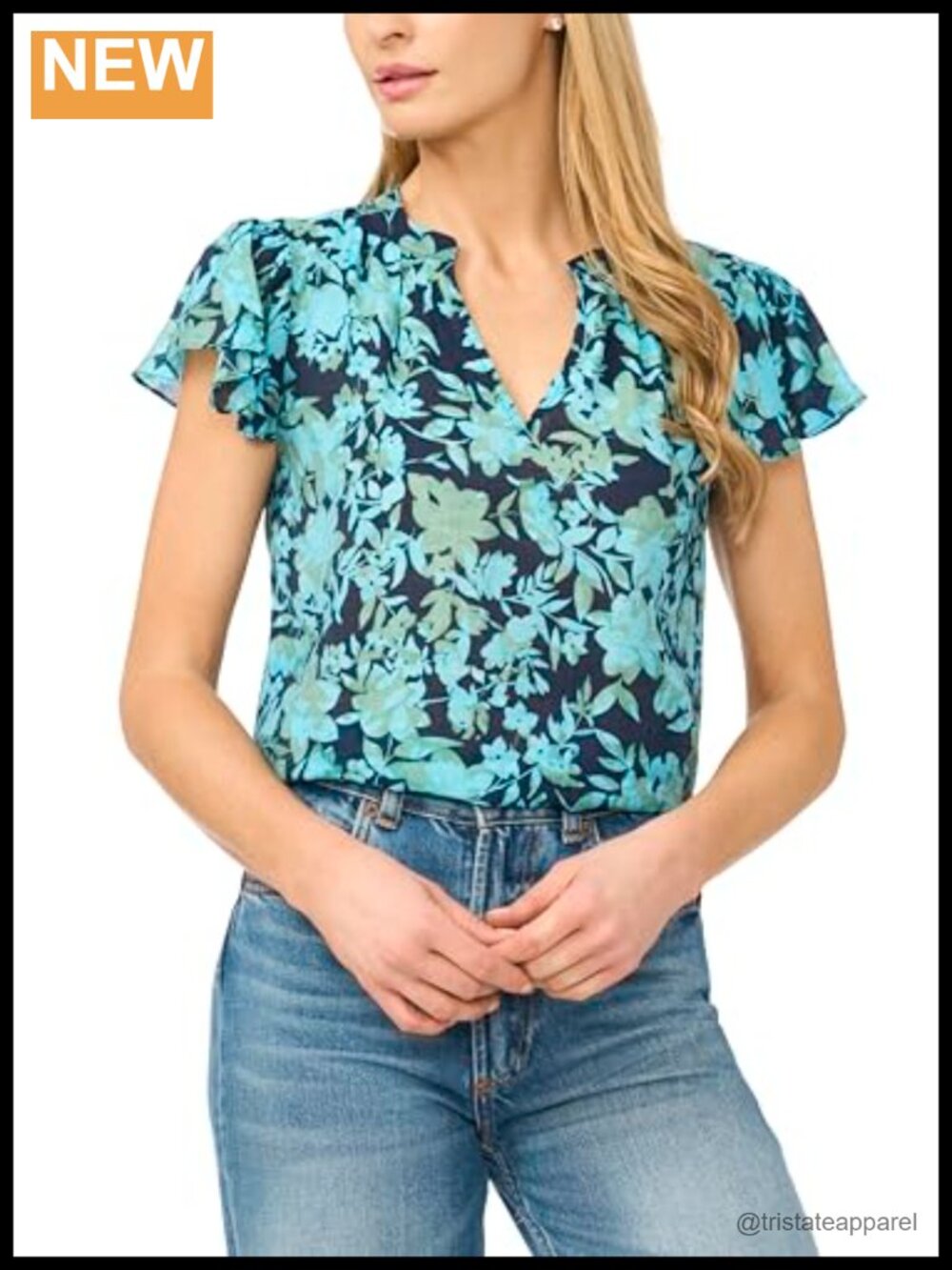 Floral Shirred Flutter Sleeve V-Neck Blouse Rayon Lightweight